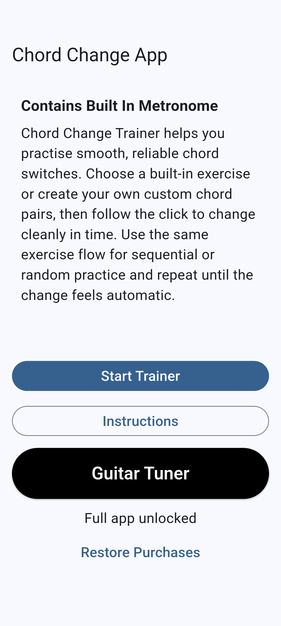 Guitar Chord Change Trainer home screen and practice guidance